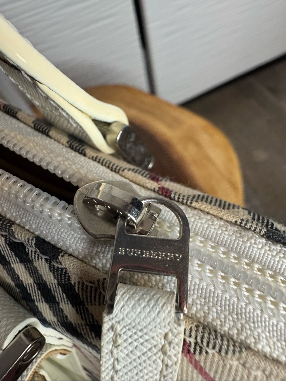 Beige Check Satchel with Cream Leather Trim - Picture 6 of 16